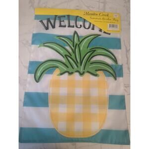 Meadow Creek Summer Appliqué Garden Flag Welcome Pineapple Aqua Stripes